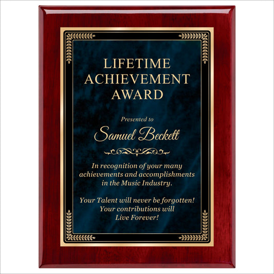 Designer Blue Marble Rosewood Plaque 9" X 12" / Rosewood Piano Finish / Marble Mist Blue