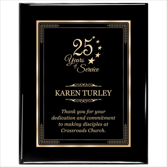 Ebony Finished Plaque with Gold Border 12" X 15" / Black Piano Finish / Elite Border