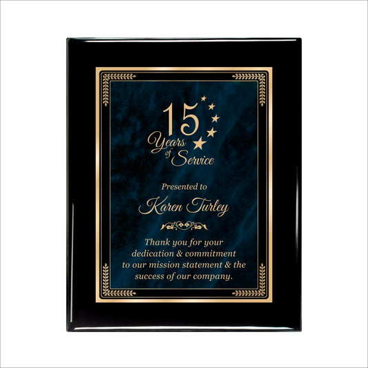 Designer Blue Marble Ebony Plaque 8" X 10 / Black Piano Finish / Marble Mist Blue