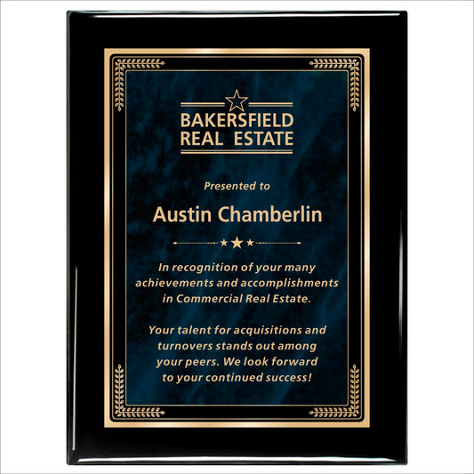 Designer Blue Marble Ebony Plaque 9" X 12" / Black Piano Finish / Marble Mist Blue