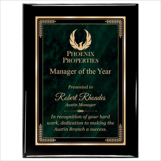 Designer Green Marble Ebony Plaque 9" X 12" / Black Piano Finish / Marble Mist Green