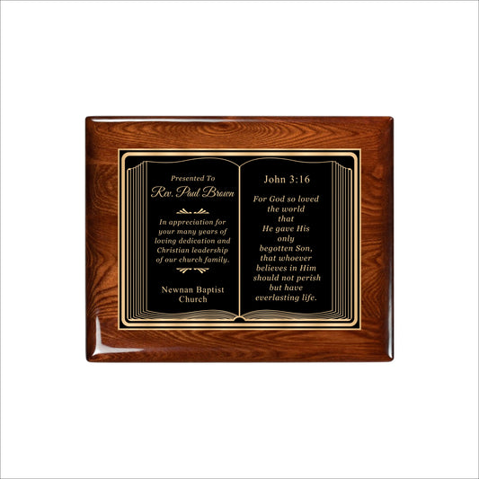 Bible Themed Walnut Gloss Plaque 8" X 10 / Walnut  Piano Finish / Bible / Book
