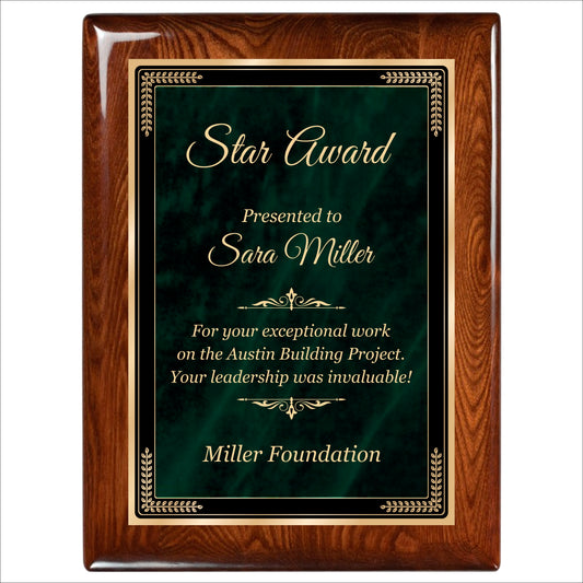 Designer Green Marble Walnut Gloss Plaque 9" X 12" / Walnut  Piano Finish / Marble Mist Green