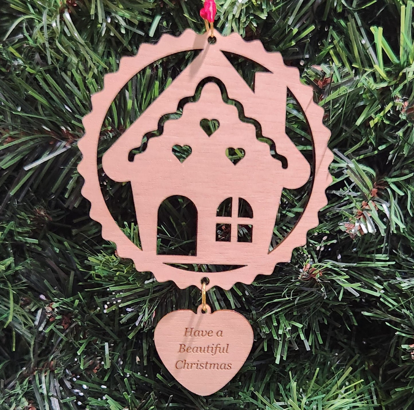 Wood Cottage Christmas Ornament 4.75" / Cherry