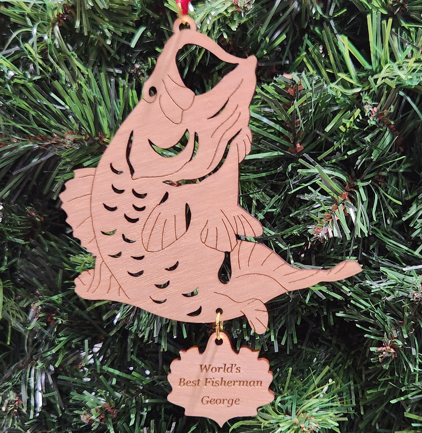 Wood Fishing Christmas Ornament 5.5" / Cherry