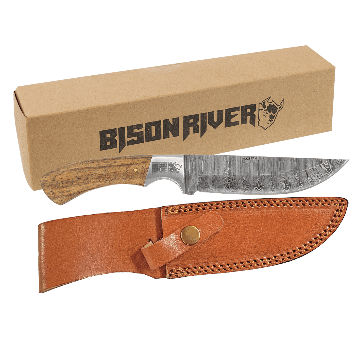 Fixed Blade Damascus Knife w/Sheath 9 1/2" / Wood