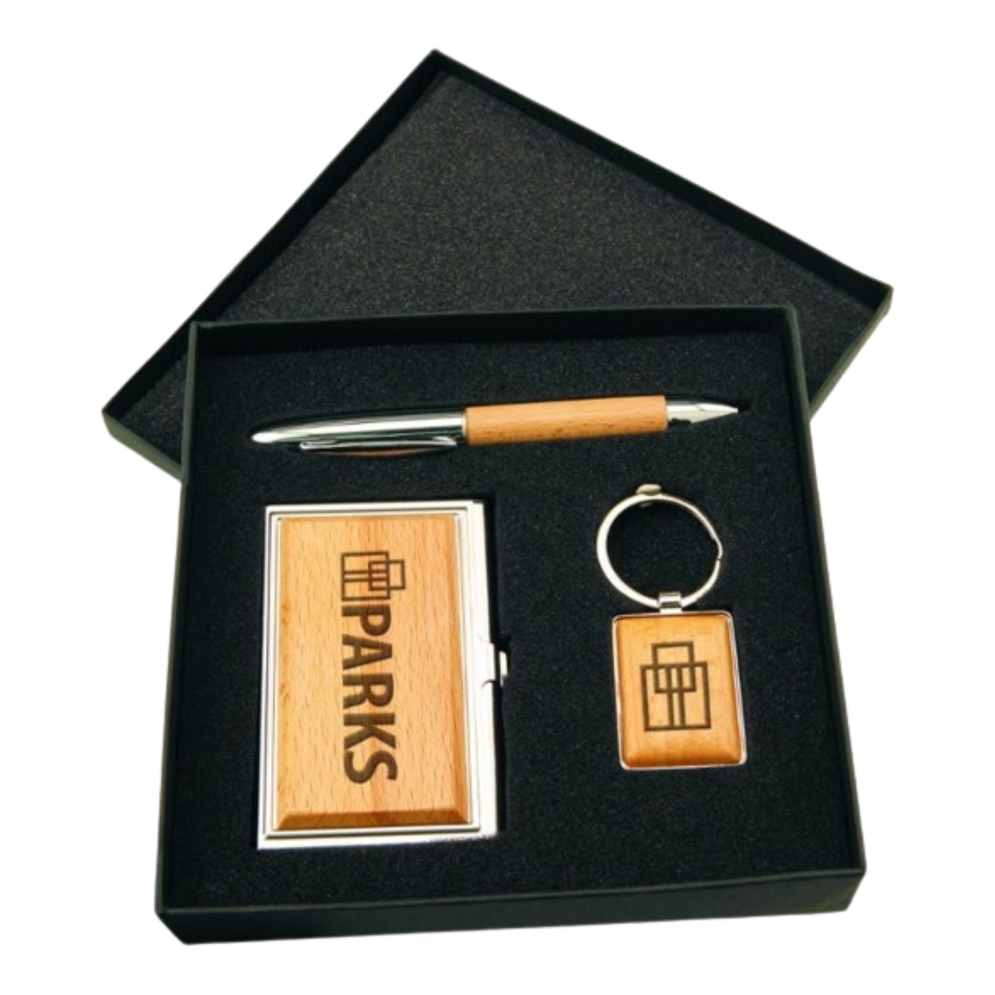 Business Card Case, Pen, Keychain Gift Set 6.5"(L) x 6.5"(W) x 1.5"(H) / Maple