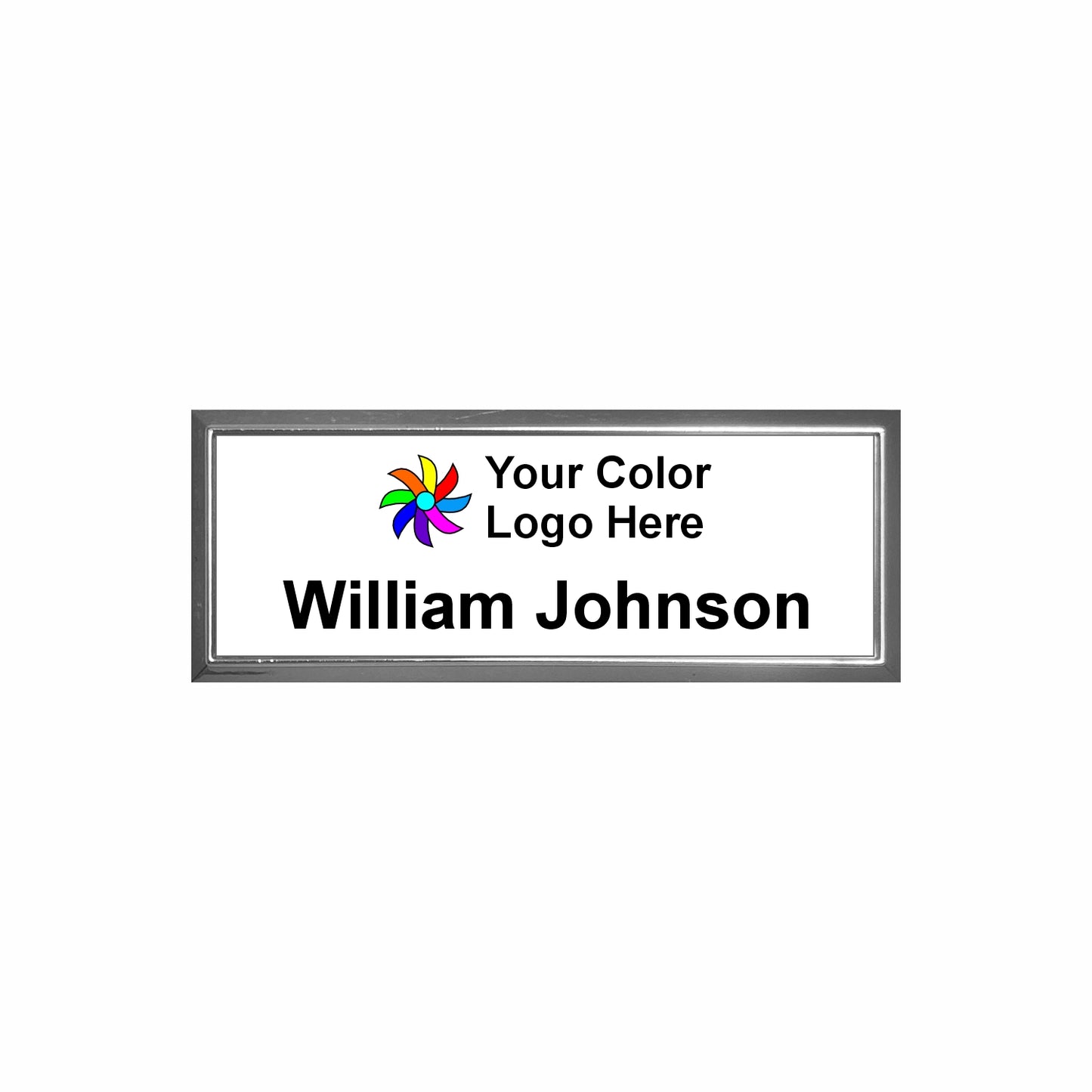 Imprinted Silver Framed Name Badge 1"x3" / White