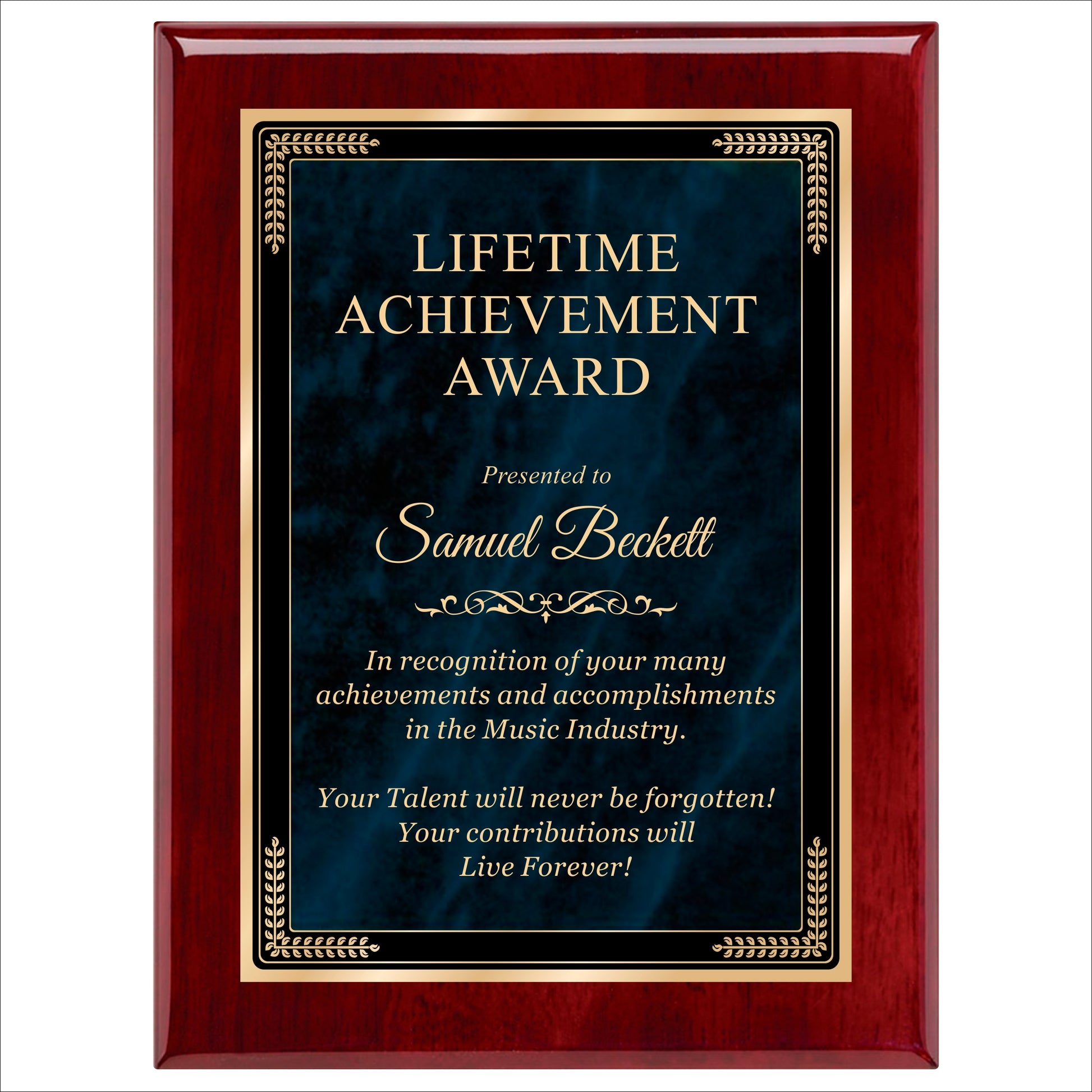 Designer Blue Marble Rosewood Plaque 9" X 12" / Rosewood Piano Finish / Marble Mist Blue