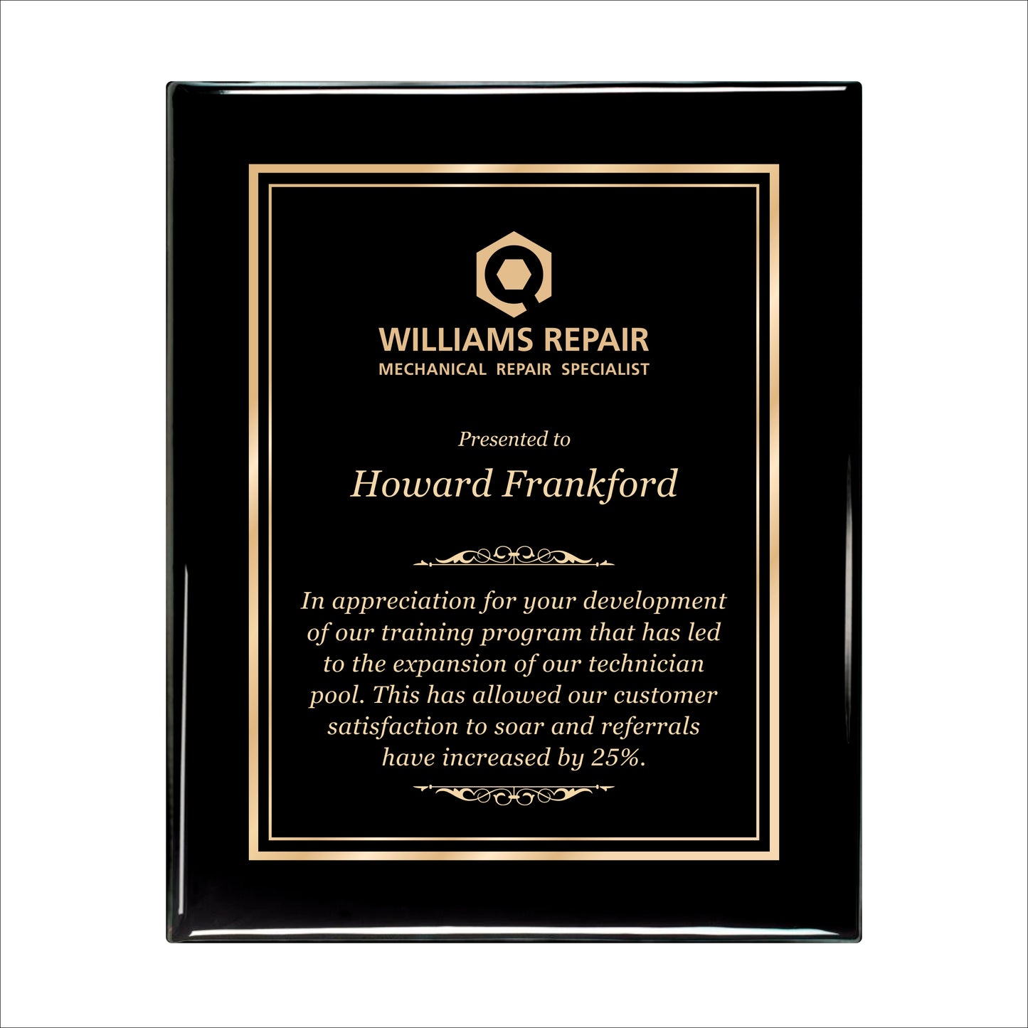 Ebony Finished Plaque with Gold Border 10.5" X 13" / Black Piano Finish / Double Border