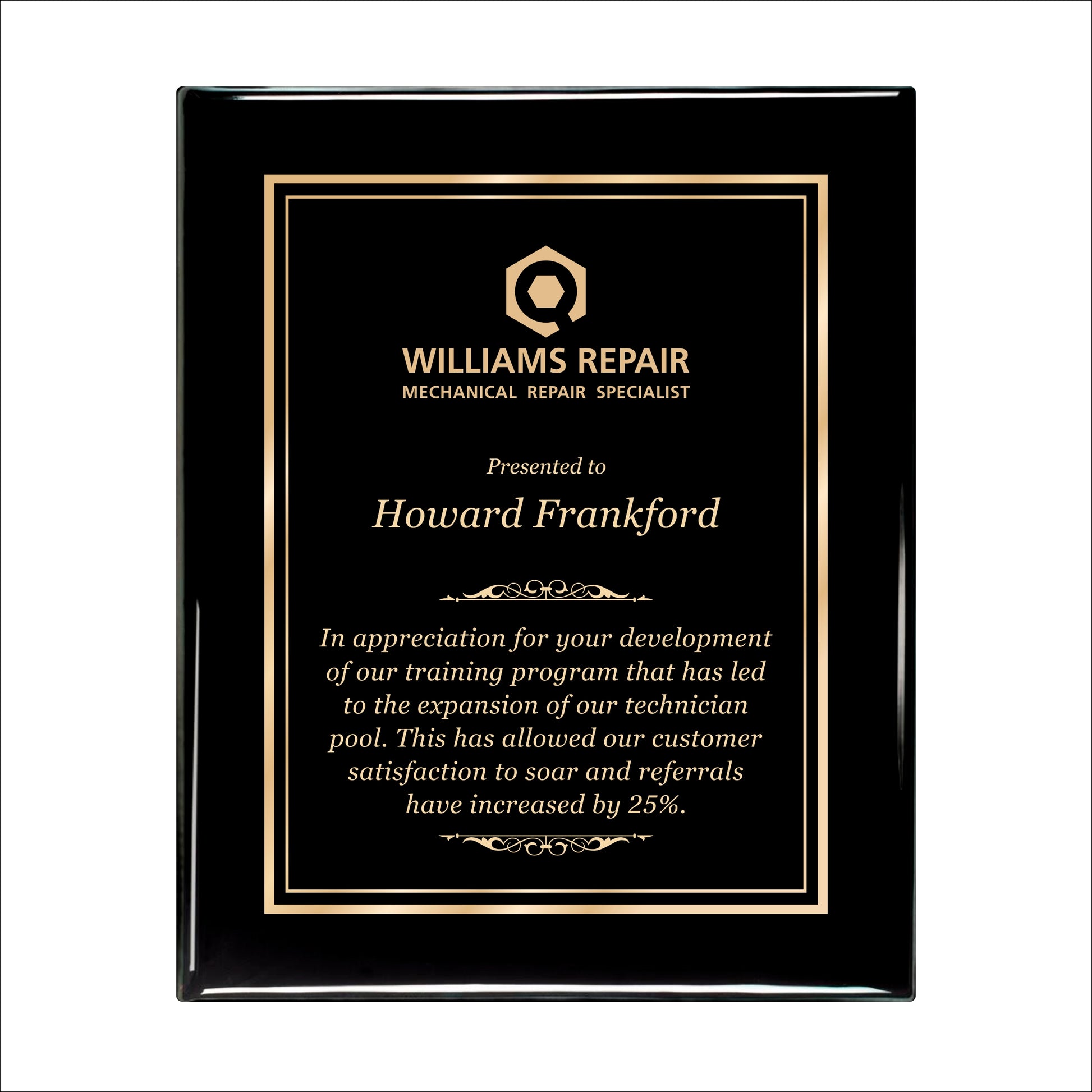 Ebony Finished Plaque with Gold Border 10.5" X 13" / Black Piano Finish / Double Border
