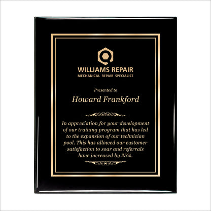 Ebony Finished Plaque with Gold Border 10.5" X 13" / Black Piano Finish / Double Border