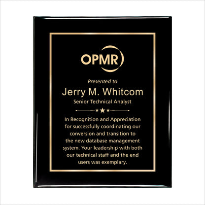 Ebony Finished Plaque with Gold Border 10.5" X 13" / Black Piano Finish / Single Border
