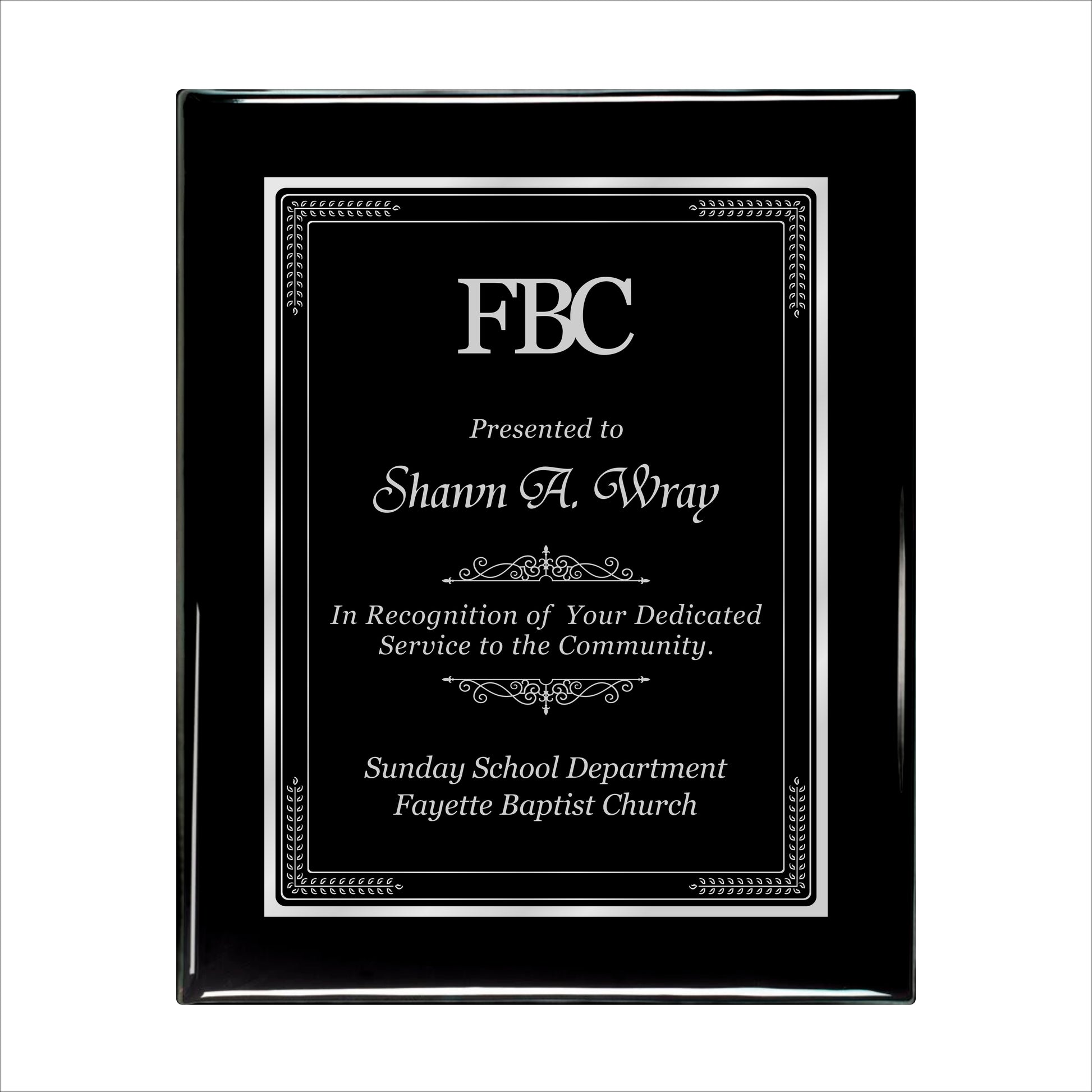 Ebony Finished Plaque with Silver Border 10.5" X 13" / Black Piano Finish / Elite Border