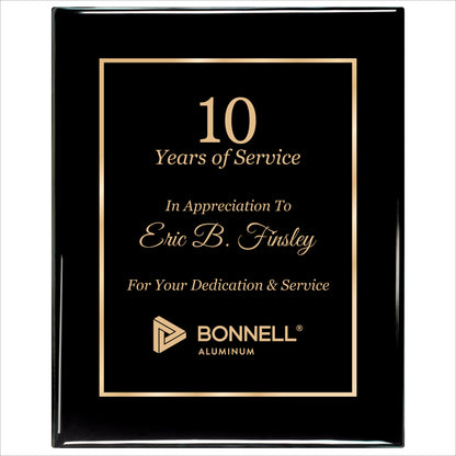 Ebony Finished Plaque with Gold Border 12" X 15" / Black Piano Finish / Single Border