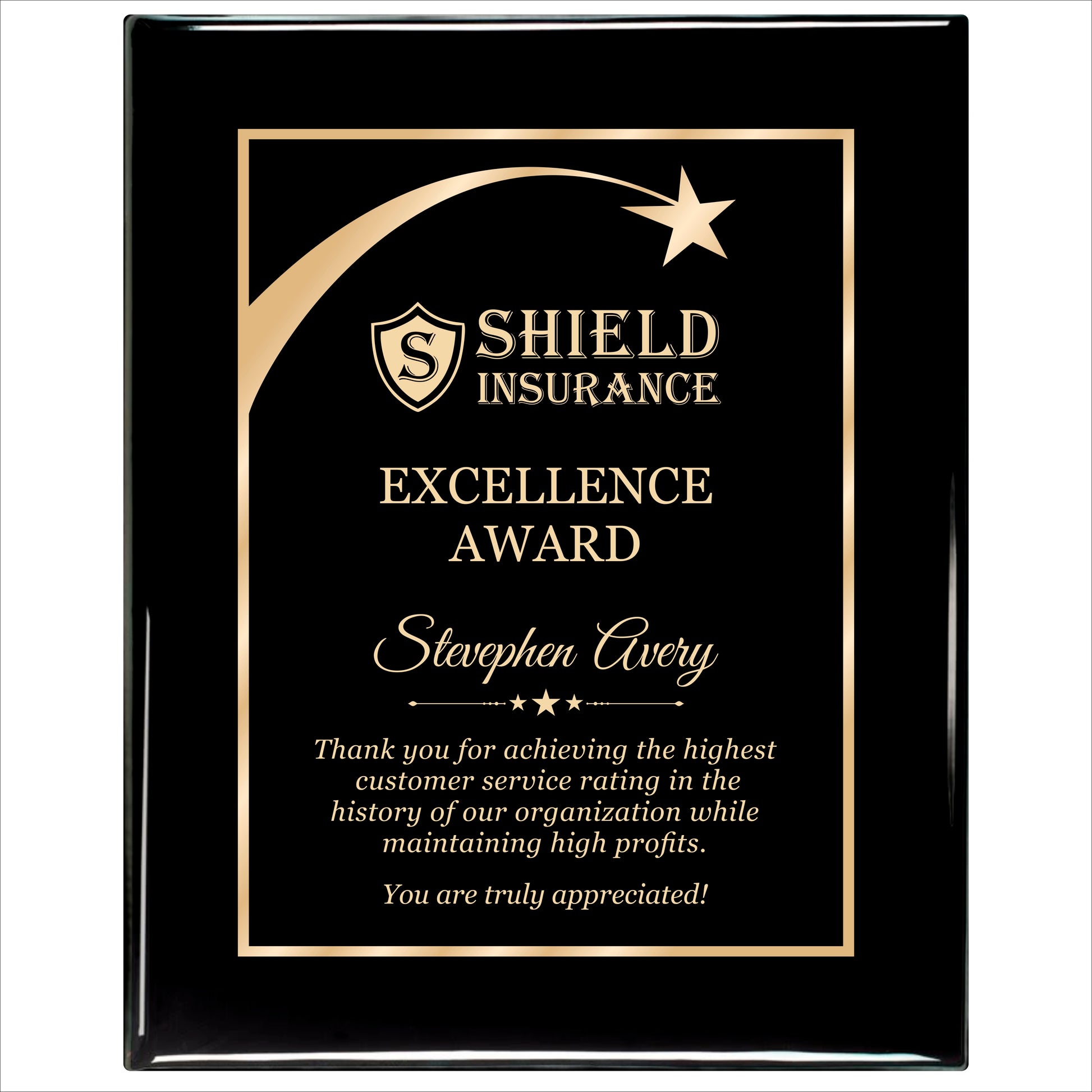 Ebony Finished Plaque with Gold Border 12" X 15" / Black Piano Finish / Shooting Star