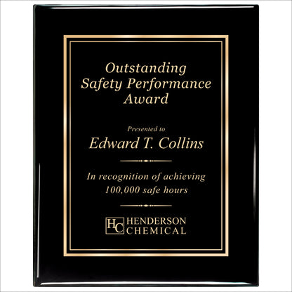 Ebony Finished Plaque with Gold Border 12" X 15" / Black Piano Finish / Double Border