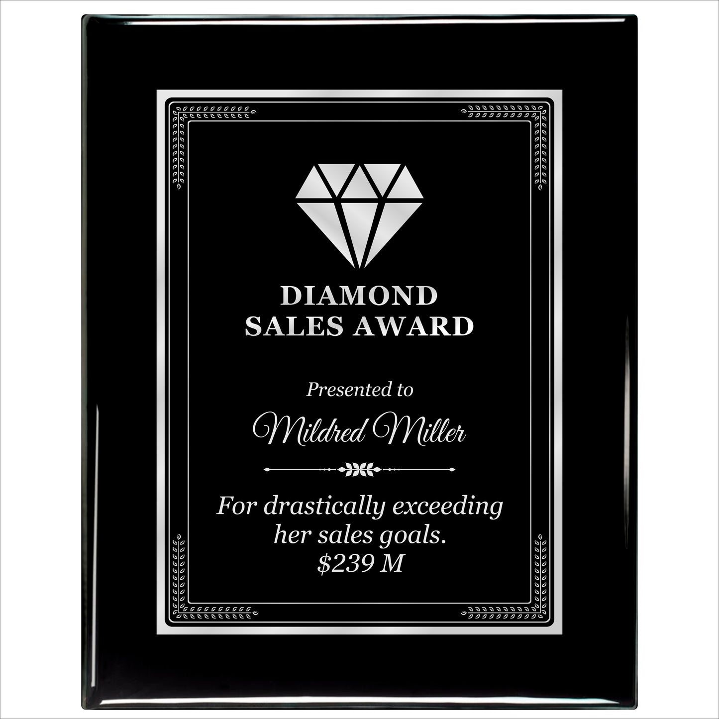 Ebony Finished Plaque with Silver Border 12" X 15" / Black Piano Finish / Elite Border