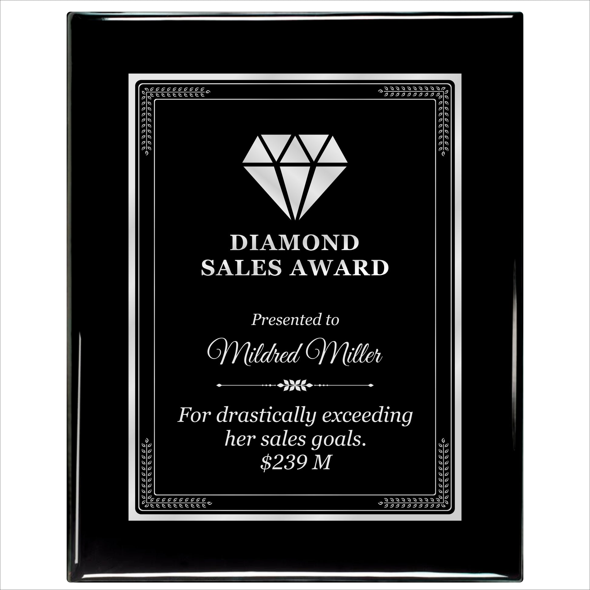 Ebony Finished Plaque with Silver Border 12" X 15" / Black Piano Finish / Elite Border