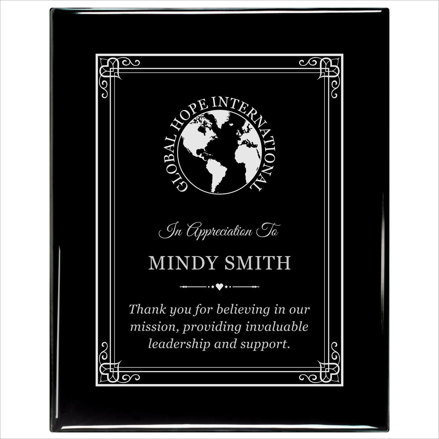 Ebony Finished Plaque with Silver Border 12" X 15" / Black Piano Finish / Hearts