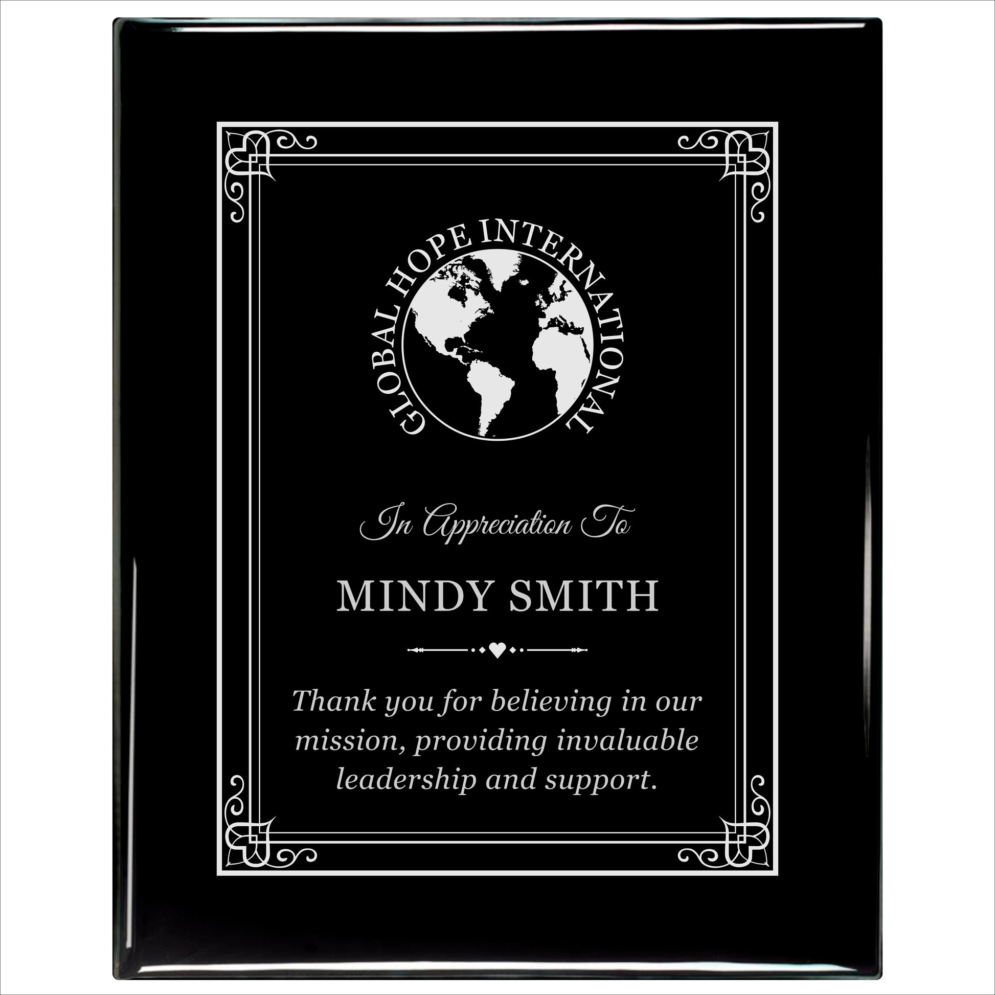 Ebony Finished Plaque with Silver Border 12" X 15" / Black Piano Finish / Hearts
