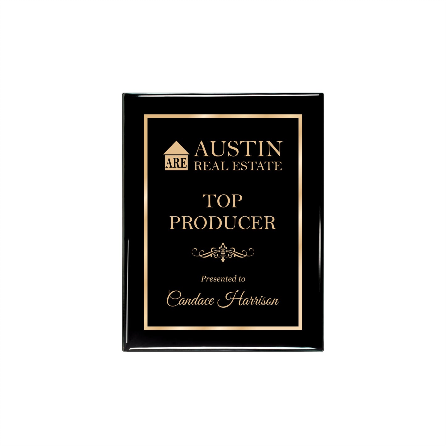 Ebony Finished Plaque with Gold Border 7" X 9" / Black Piano Finish / Single Border