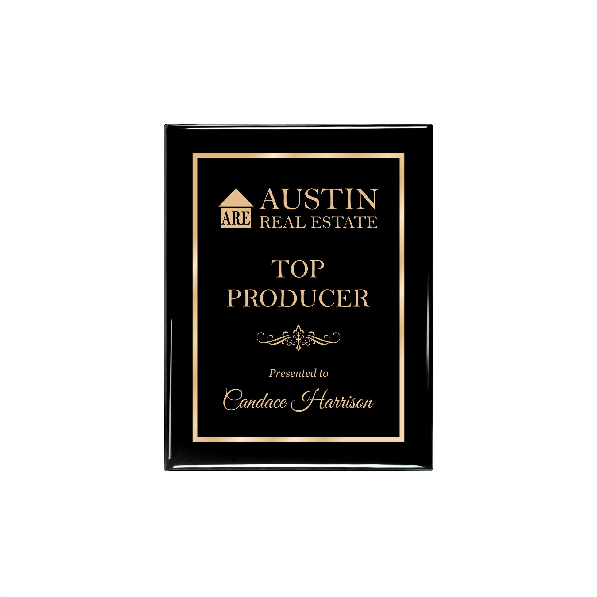 Ebony Finished Plaque with Gold Border 7" X 9" / Black Piano Finish / Single Border