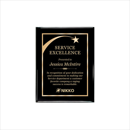 Ebony Finished Plaque with Gold Border 7" X 9" / Black Piano Finish / Shooting Star