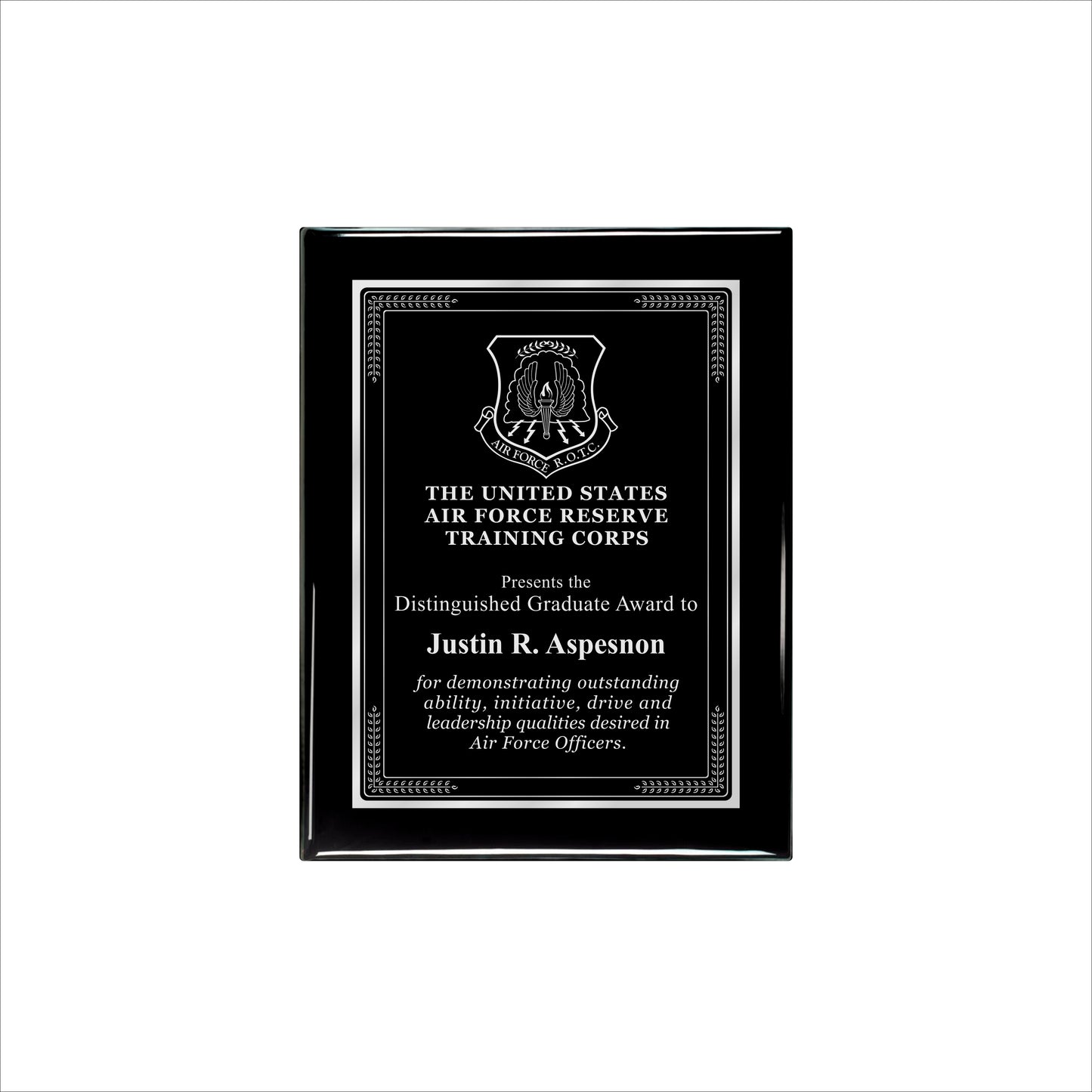 Ebony Finished Plaque with Silver Border 7" X 9" / Black Piano Finish / Elite Border