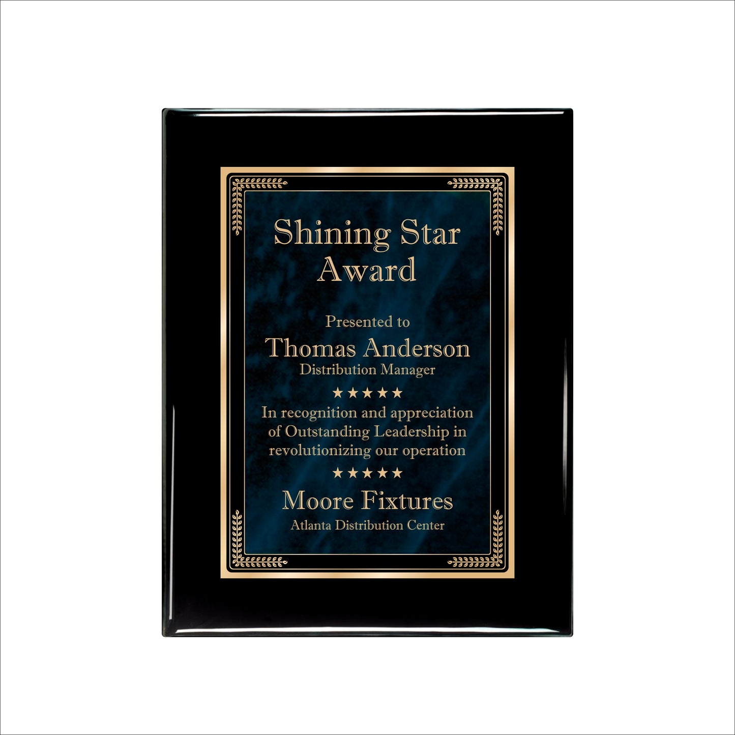 Designer Blue Marble Ebony Plaque 7" X 9" / Black Piano Finish / Marble Mist Blue