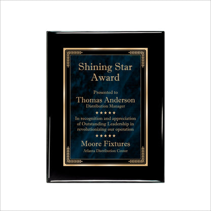 Designer Blue Marble Ebony Plaque 7" X 9" / Black Piano Finish / Marble Mist Blue