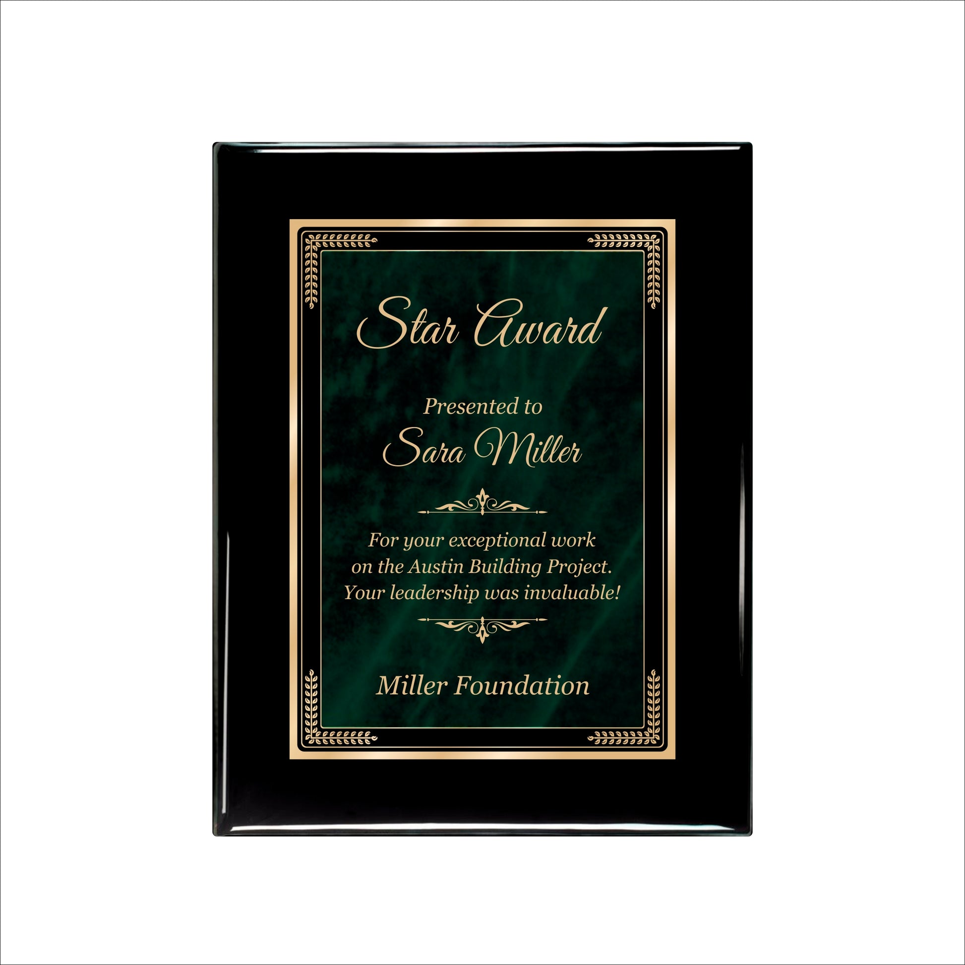 Designer Green Marble Ebony Plaque 7" X 9" / Black Piano Finish / Marble Mist Green