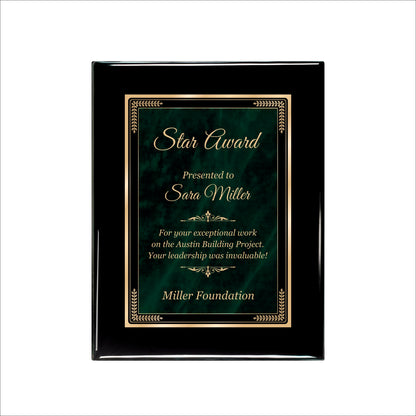 Designer Green Marble Ebony Plaque 7" X 9" / Black Piano Finish / Marble Mist Green