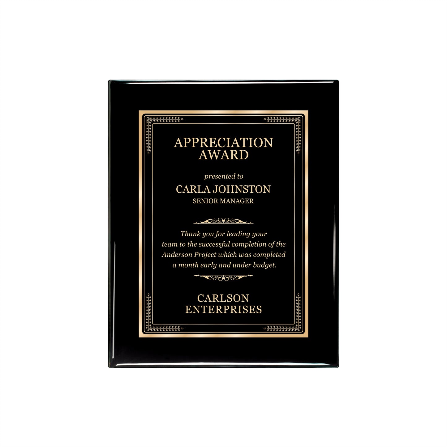 Ebony Finished Plaque with Gold Border 8" X 10 / Black Piano Finish / Elite Border