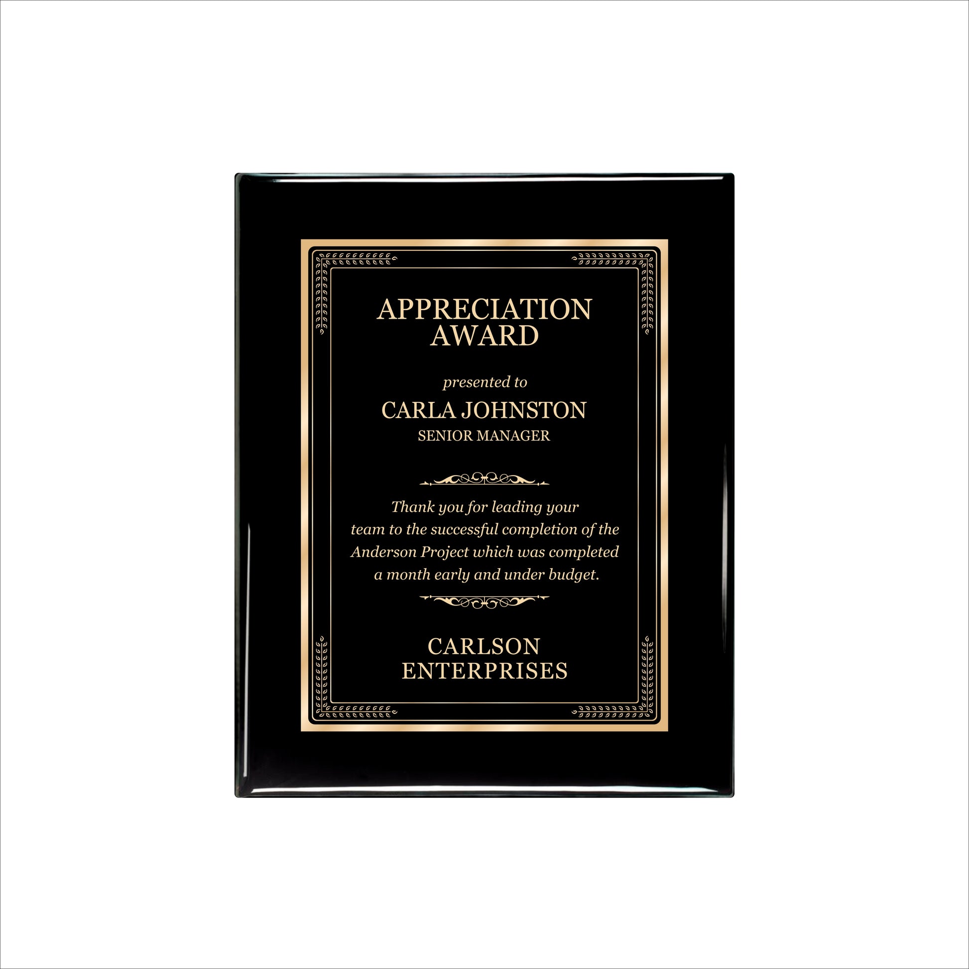 Ebony Finished Plaque with Gold Border 8" X 10 / Black Piano Finish / Elite Border