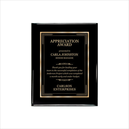 Ebony Finished Plaque with Gold Border 8" X 10 / Black Piano Finish / Elite Border