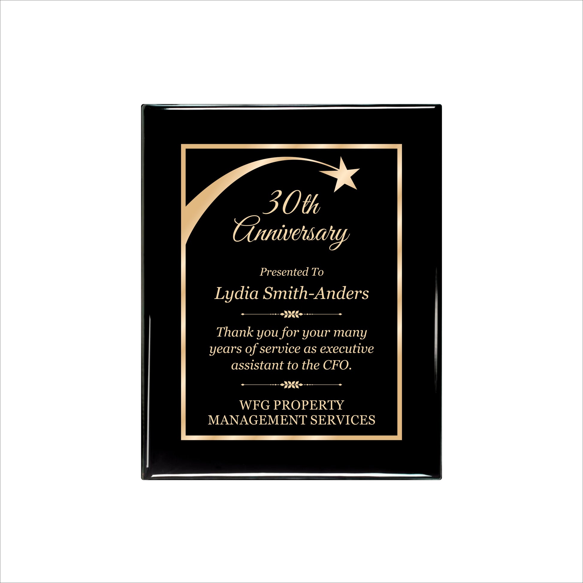 Ebony Finished Plaque with Gold Border 8" X 10 / Black Piano Finish / Shooting Star