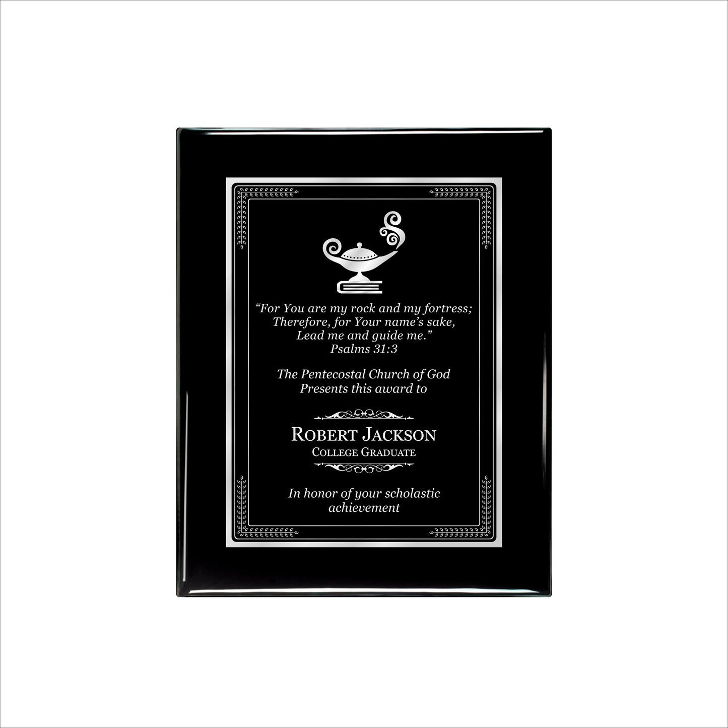 Ebony Finished Plaque with Silver Border 8" X 10 / Black Piano Finish / Elite Border