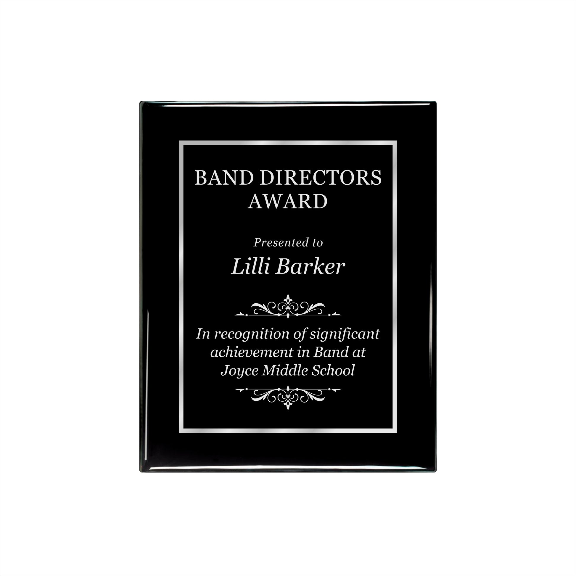 Ebony Finished Plaque with Silver Border 8" X 10 / Black Piano Finish / Single Border
