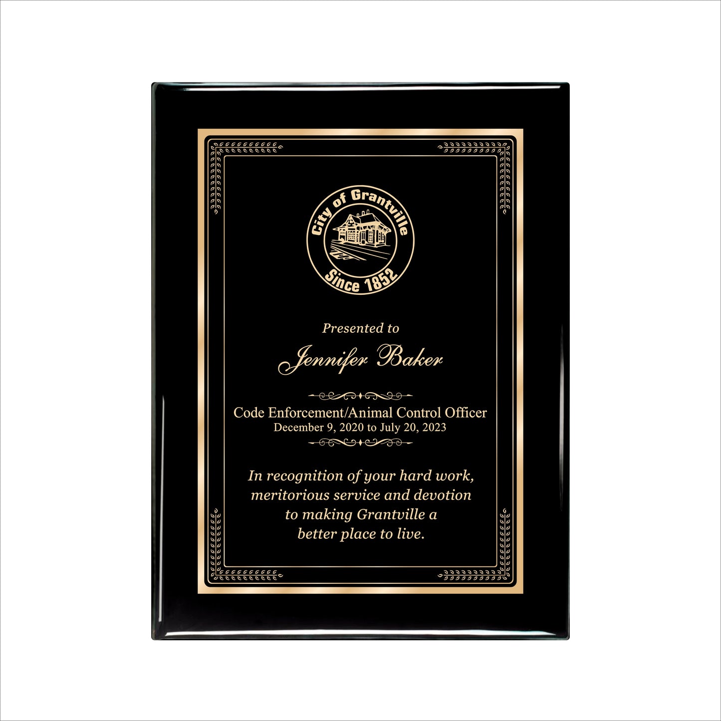 Ebony Finished Plaque with Gold Border 9" X 12" / Black Piano Finish / Elite Border