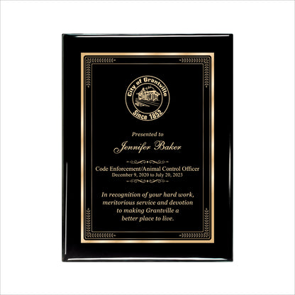 Ebony Finished Plaque with Gold Border 9" X 12" / Black Piano Finish / Elite Border