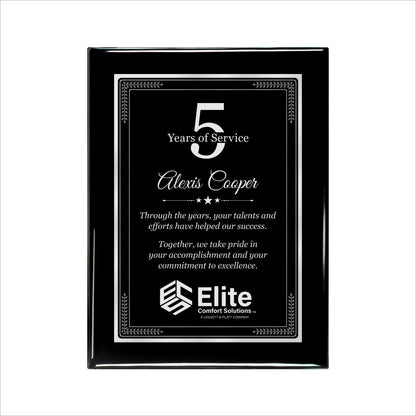 Ebony Finished Plaque with Silver Border 9" X 12" / Black Piano Finish / Elite Border