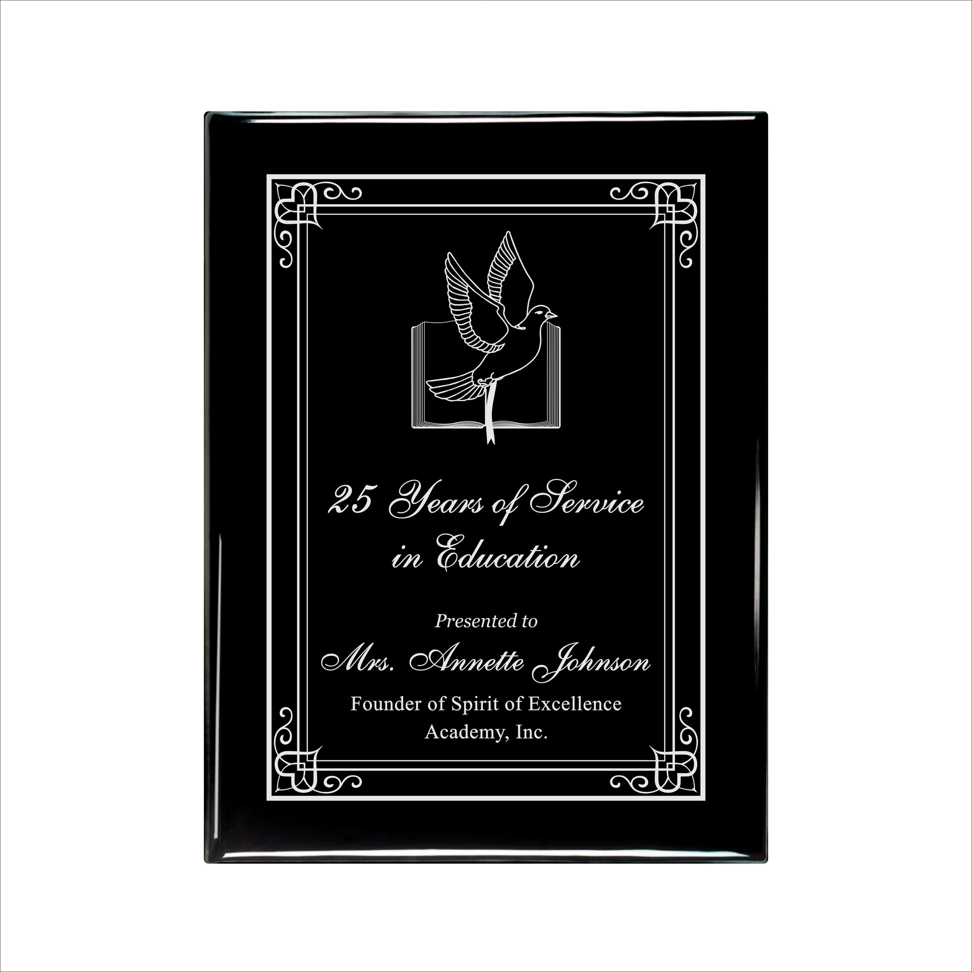 Ebony Finished Plaque with Silver Border 9" X 12" / Black Piano Finish / Hearts