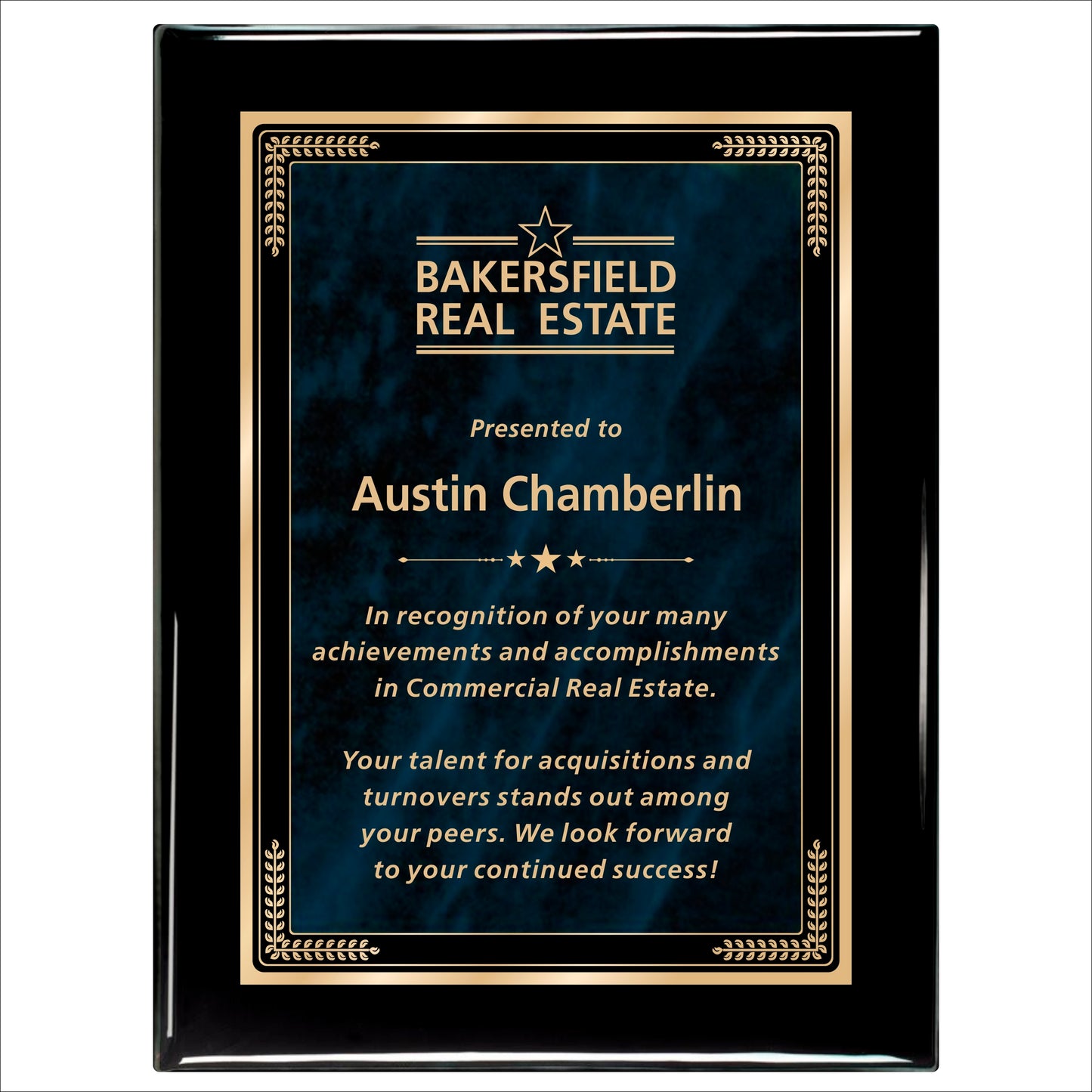 Designer Blue Marble Ebony Plaque 9" X 12" / Black Piano Finish / Marble Mist Blue