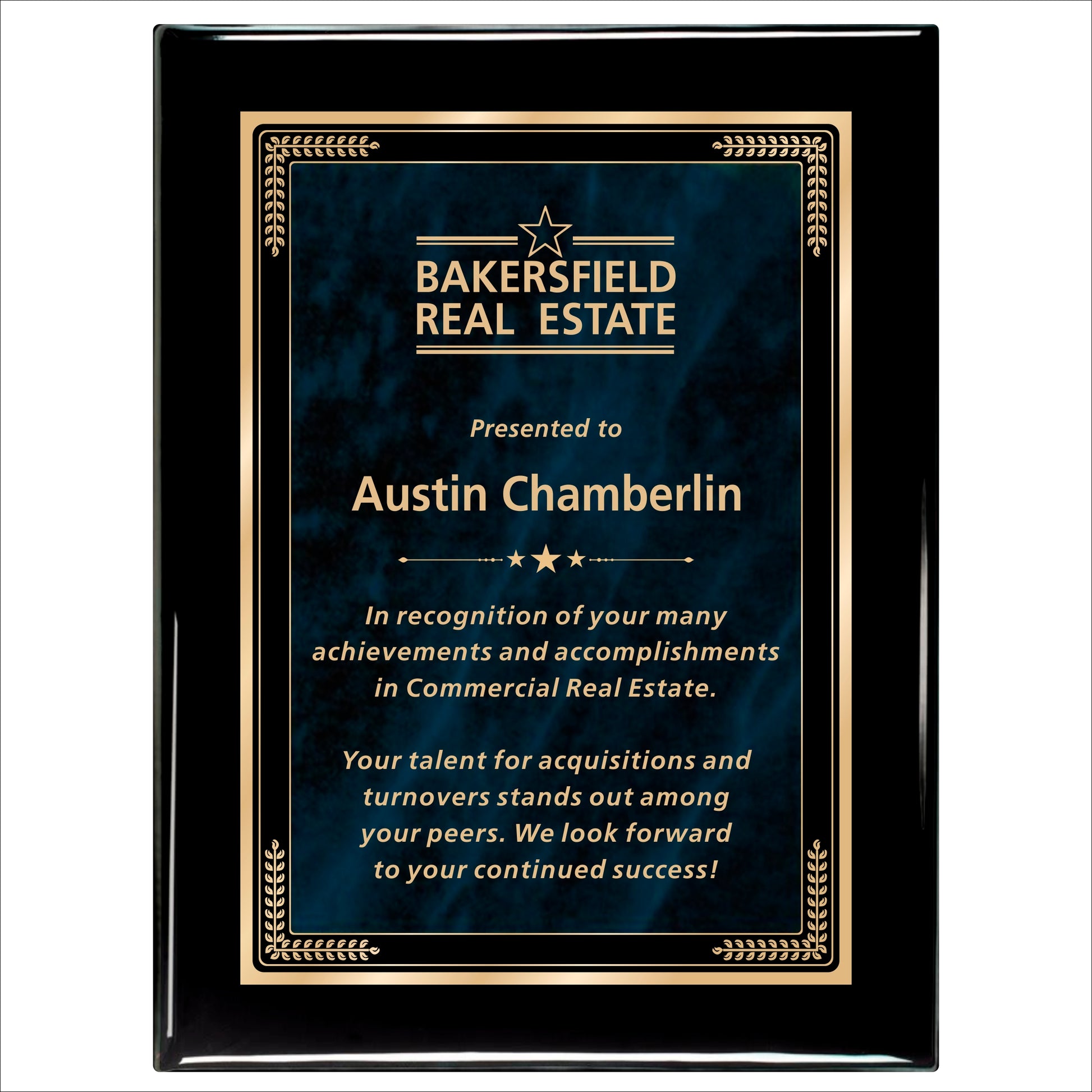 Designer Blue Marble Ebony Plaque 9" X 12" / Black Piano Finish / Marble Mist Blue