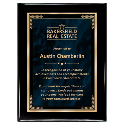 Designer Blue Marble Ebony Plaque 9" X 12" / Black Piano Finish / Marble Mist Blue