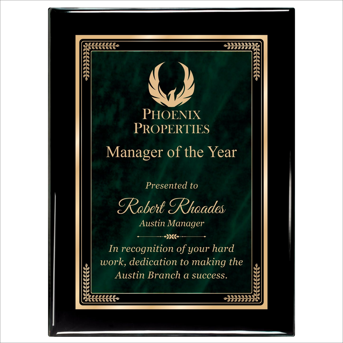 Designer Green Marble Ebony Plaque 9" X 12" / Black Piano Finish / Marble Mist Green