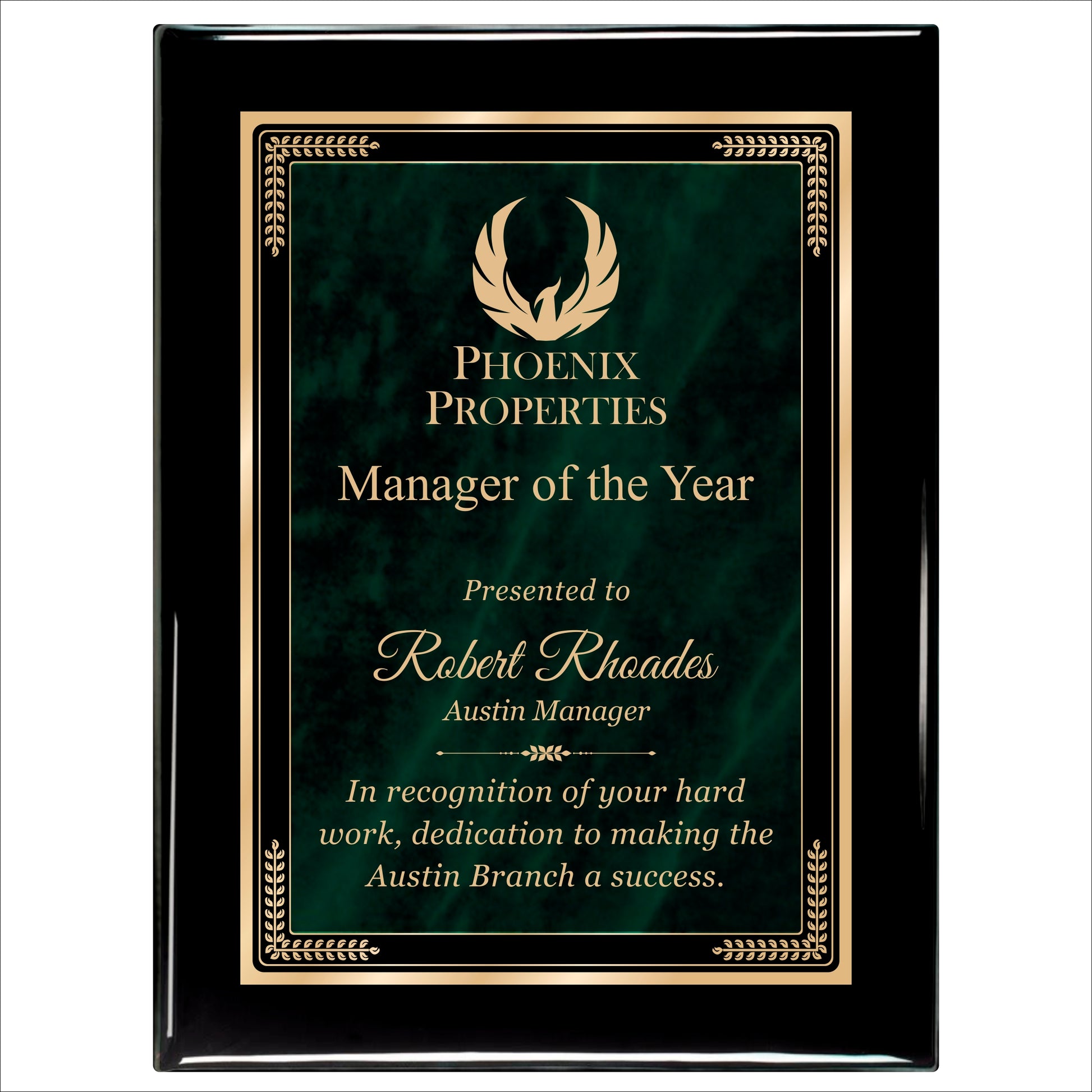 Designer Green Marble Ebony Plaque 9" X 12" / Black Piano Finish / Marble Mist Green