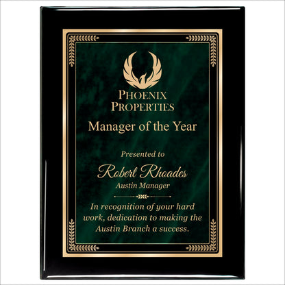 Designer Green Marble Ebony Plaque 9" X 12" / Black Piano Finish / Marble Mist Green