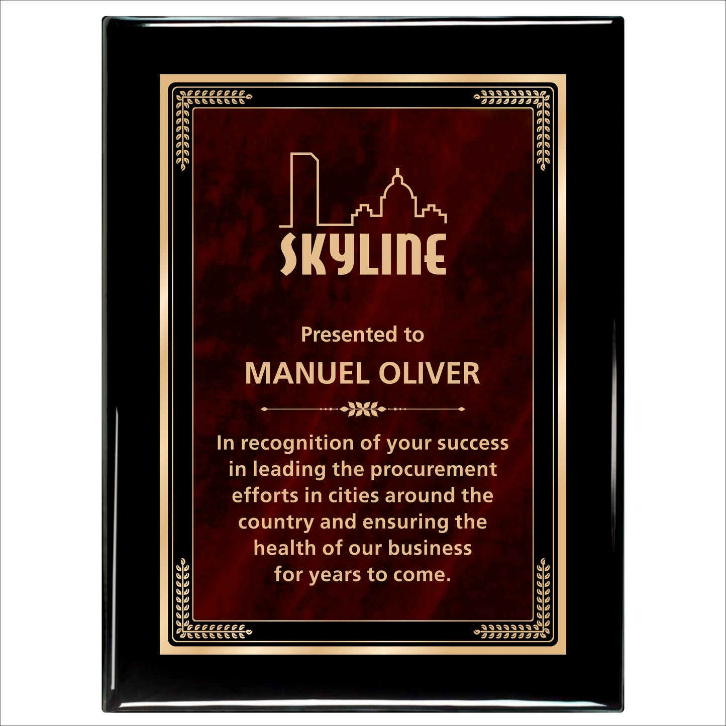 Designer Red Sienna Marble Ebony Plaque 9" X 12" / Black Piano Finish / Marble Mist Red Sienna